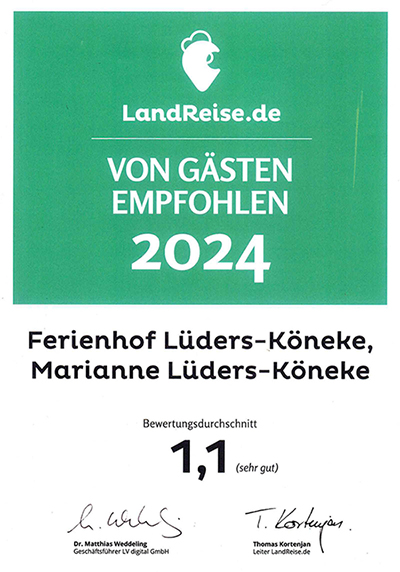 LandReise Empfehlung Top Ferienhof 2024 Schleswig Holstein
